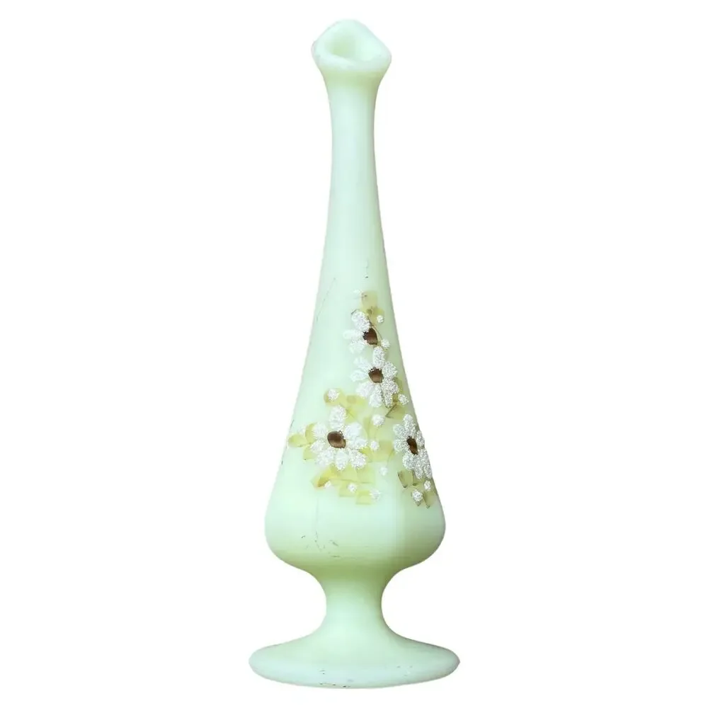 Fenton Signed Handpainted Floral Satin Glowing Custard Glass Bud Vase